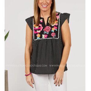 NWT Savanna Jane Women's Black Resilient Rose Embroidered Blouse Top